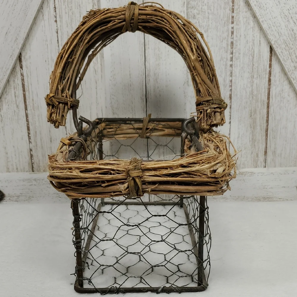 Grapevine & Twigs Wire Basket with Handle Chicken Wire Basket Vineyard Country
